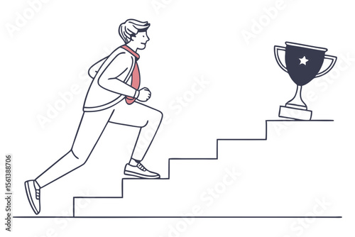 Man Running Up Stairs with Trophy Representing Ambition and Success