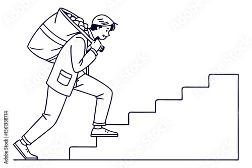 Line Art of Struggling Man Climbing Stairs Representing Hard Work Journey