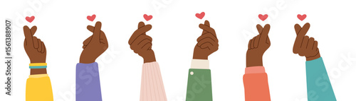 Set of black skin human hands showing a sign of heart isolated on a white background. Vector hand drawn cliparts in flat style.