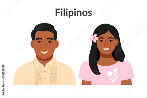 Filipinos ethnicity people wearing traditional clothes isolated on a white background. Man and woman. Vector flat clipart.