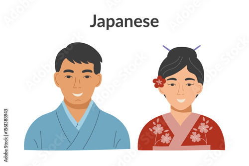 Japanese ethnicity people wearing traditional clothes isolated on a white background. Man and woman. Vector flat clipart.