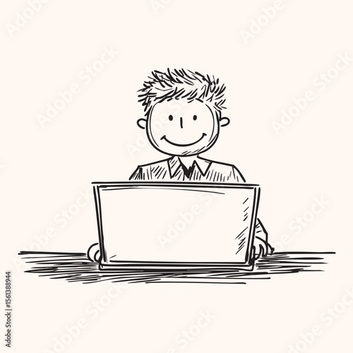 a happy man working in laptop cartoon sketch line art portrait black vector isolated on white background