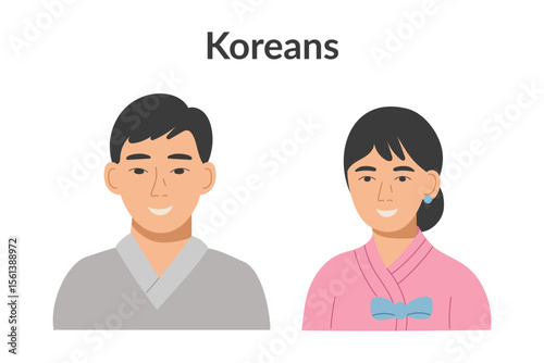 Korean ethnicity people wearing traditional clothes isolated on a white background. Man and woman. Vector flat clipart.