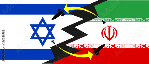 conflict between Israel and Iran, illustration of war flag with missiles