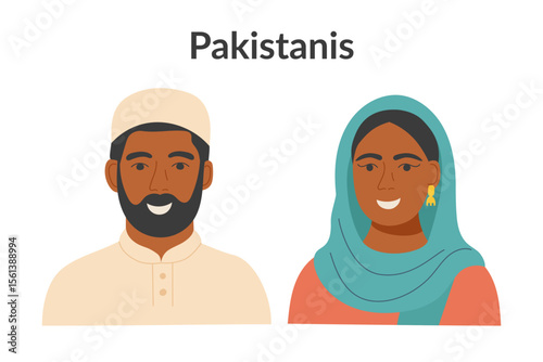 Pakistanis ethnicity people wearing traditional clothes isolated on a white background. Man and woman. Vector flat clipart.