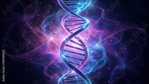 Glowing Double Helix in Purple and Blue Tones with Cosmic Background