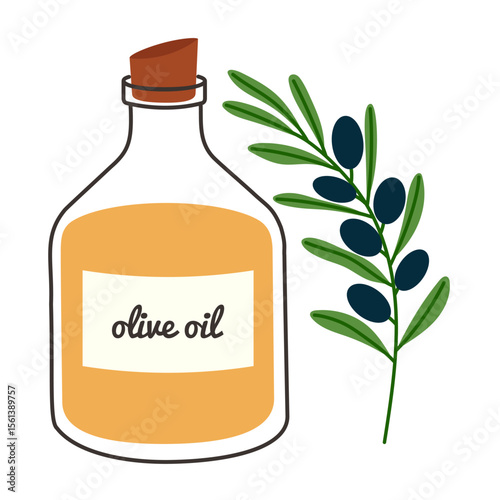Olive oil bottle and black olive branch icon vector illustration