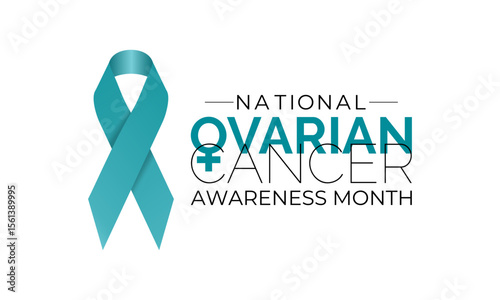 Ovarian Cancer awareness month is observed every year in September. A concept for healthcare and medicine. Realistic Teal Ribbon and ovaries. Creating for web banner, cards, prints, social media.