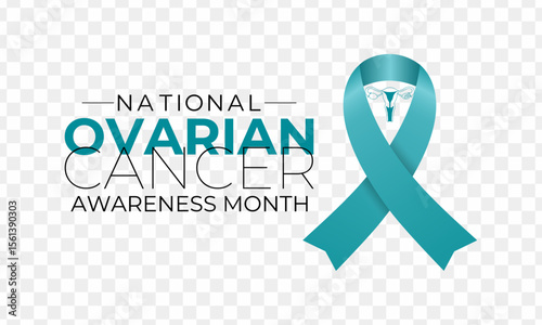 Ovarian Cancer awareness month is observed every year in September. A concept for healthcare and medicine. Realistic Teal Ribbon and ovaries. Creating for web banner, cards, prints, social media.