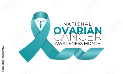 Ovarian Cancer awareness month is observed every year in September. A concept for healthcare and medicine. Realistic Teal Ribbon and ovaries. Creating for web banner, cards, prints, social media.