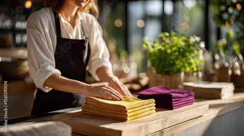 Restaurant worker folds napkins, sunny cafe