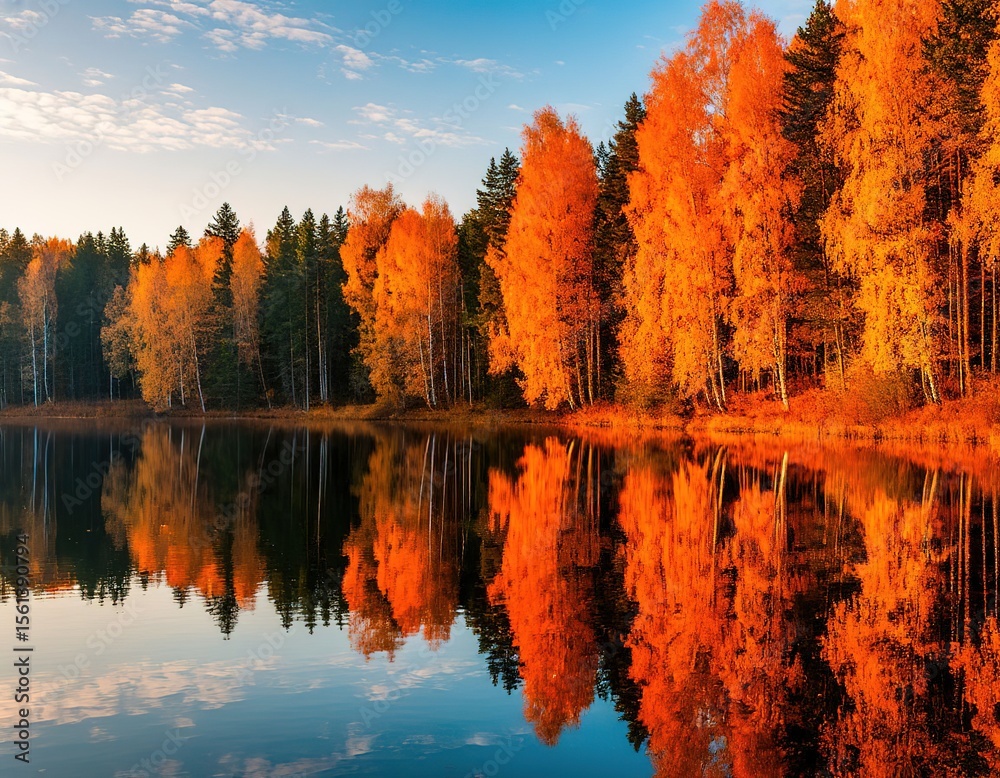 Obraz premium autumn forest reflected in the lake. orange trees and water. landscape nature beauty.