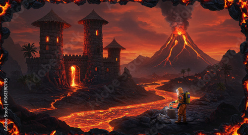 Volcanic Eruption and Medieval Castle A Fiery Landscape Illustration