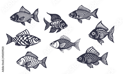 Fish silhouette set, aquatic animal icons, vintage fish illustration, marine species design, fishing graphic collection