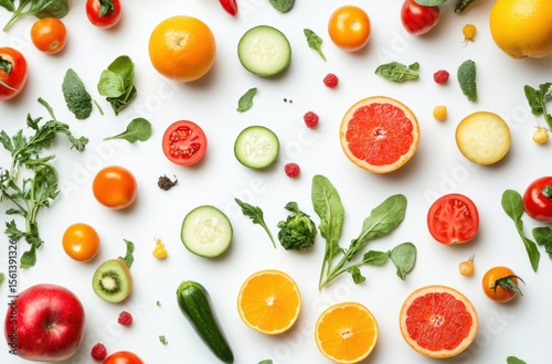 Top view of fresh healthy vegetables and fruits on clean white background,
