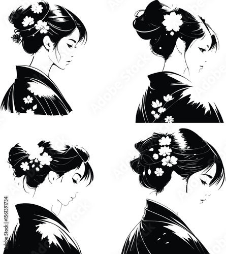  Japanese women in traditional kimonos with floral hair ornaments in profile