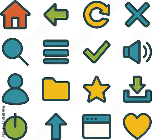 Collection of 16 Modern Flat User Interface Navigation Icons for Websites and Apps