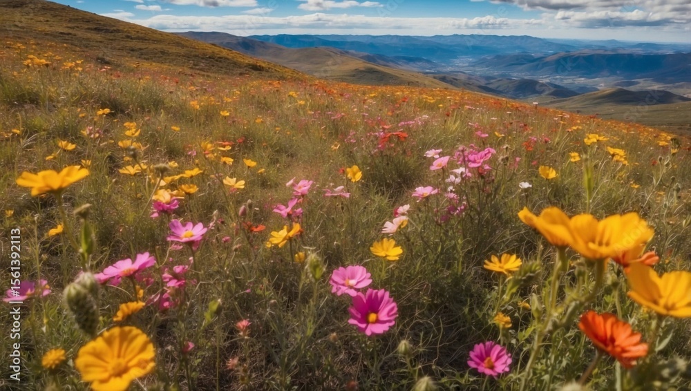 Fototapeta premium Hillside Covered in Blooming Wildflowers