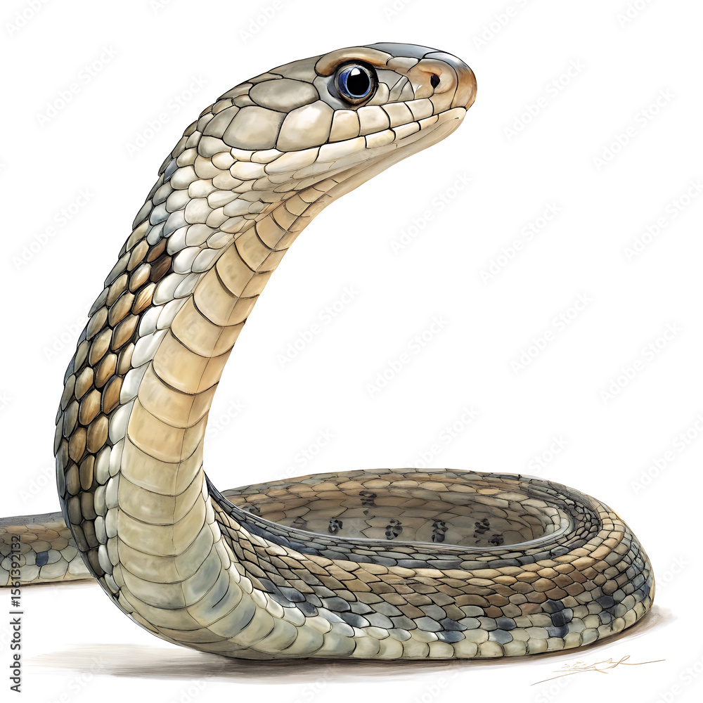 Fototapeta premium A snake is posing in a straightforward manner, isolated on a white background.