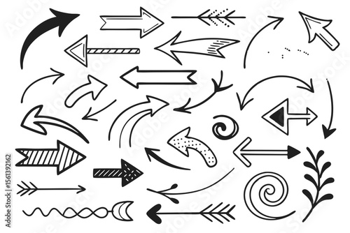 Creative Hand-Drawn Arrow Set in Black Vector Format. Zigzag and Swirled Sketch Icons for Infographic Projects, UI Navigation Symbols, and Presentation Graphics.

