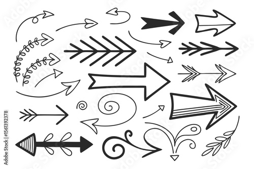 Hand-Drawn Vector Arrows in Sketch Style. Circular and Zigzag Arrow Icons in Black for UI Navigation Graphics, Infographic Design Elements, and Creative Presentation Templates.


