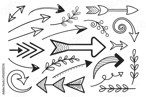 Vector Collection of Hand-Drawn Arrow Icons in Sketch Style. Curved, Circular, and Zigzag Black Arrows for UI Navigation Layouts, Infographic Charts, and Visual Presentations.

