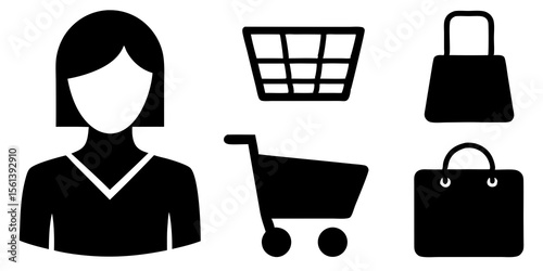Customer shopping icons including a person shopping cart basket and shopping bags