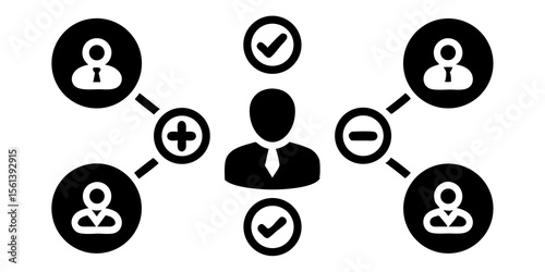 Business network diagram showing team members and connections with plus and minus symbols