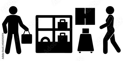 Stick figures shopping for items displayed on shelves and a wheeled suitcase