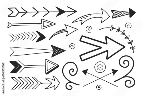 Black Sketch Arrow Set in Hand-Drawn Vector Style. Curved and Circular Icons for Infographic Presentations, Navigation UI Charts, and Web Layout Design Projects.

