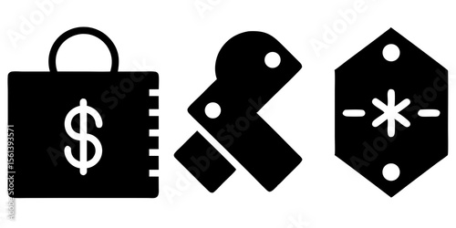 Collection of three black icons representing shopping bag with dollar sign abstract shape and badge