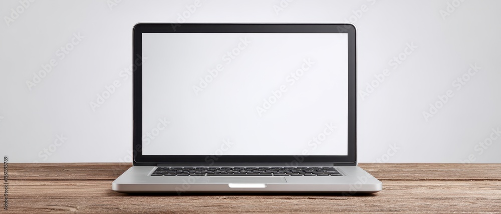 Fototapeta premium Silver Laptop with Blank Screen on Rustic Wooden Table