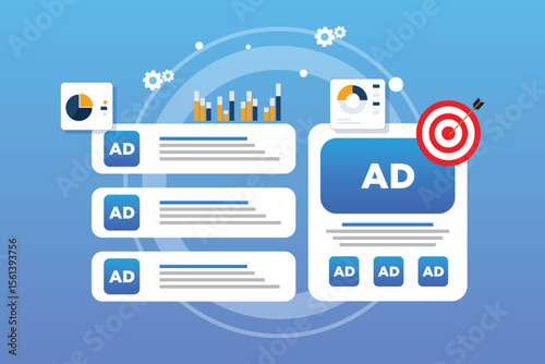 Targeted contextual ppc advertising or banner online ads concept. Contextual Digital Marketing, Behavioral Targeting or Retargeting illustration. Cursor icon clicks on advertisement