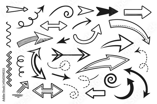 Black Hand-Drawn Arrows Set in Sketch Vector Style Featuring Zigzag and Circular Designs for UI Navigation Symbols, Infographic Layouts, and Creative Web Presentations.

