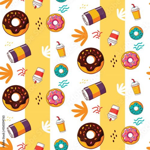 Delicious Cartoon Donut and Beverage Seamless Pattern with Sweet Treats and Refreshing Drinks