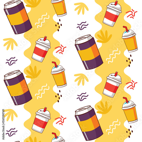 Fun Cartoon Beverage Seamless Pattern with Refreshing Drinks, Soda Cans, and Milkshakes on Wavy Background