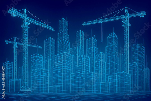 Glowing blue wireframe city skyline with construction cranes blueprint urban