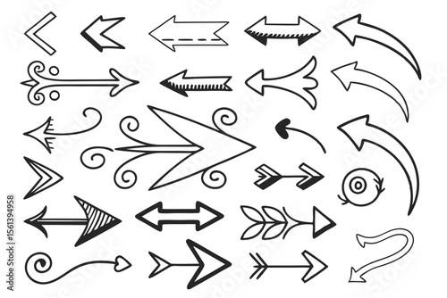 Vector Sketch Arrows Set in Hand-Drawn Style Featuring Curved and Circular Black Icons. Ideal for Infographic Designs, UI Navigation Elements, and Visual Presentation Layouts.

