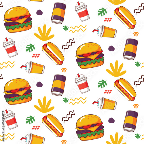 Fun Cartoon Fast Food Seamless Pattern with Hamburgers, Hot Dogs, and Refreshing Drinks