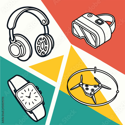 Illustration of headphones vr headset smartwatch and drone on geometric background design style
