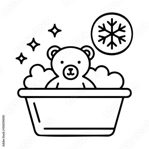 Washing toy bear in cold water icon with usage instructions in minimalistic style