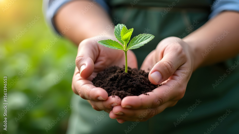 Strong Hands Holding Small Spearmint Seedling Strong Hands Holding Small Spearmint Seedling