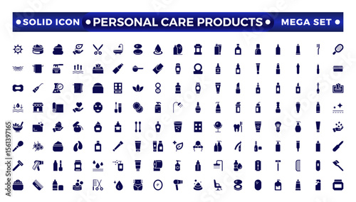 Solid icons related to personal care products. Linear icon collection. Moisture cream, acid, anti-wrinkle serum, ceramide, collagen, retinol compound, sunscreen. Simple icon set.  
