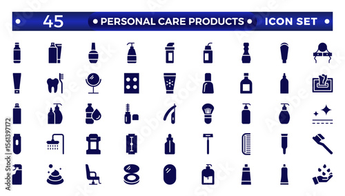 Solid icons related to personal care products. Linear icon collection. Moisture cream, acid, anti-wrinkle serum, ceramide, collagen, retinol compound, sunscreen. Simple icon set.  
