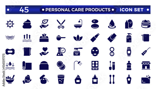 Solid icons related to personal care products. Linear icon collection. Moisture cream, acid, anti-wrinkle serum, ceramide, collagen, retinol compound, sunscreen. Simple icon set.  
