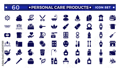 Solid icons related to personal care products. Linear icon collection. Moisture cream, acid, anti-wrinkle serum, ceramide, collagen, retinol compound, sunscreen. Simple icon set.  
