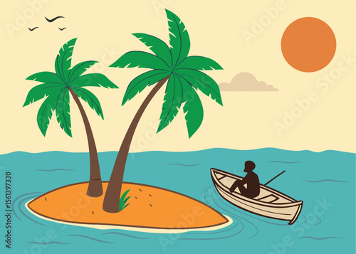 A lone person in a rowboat paddles towards a small tropical island with palm trees under a warm sun and birds flying in the sky isolated