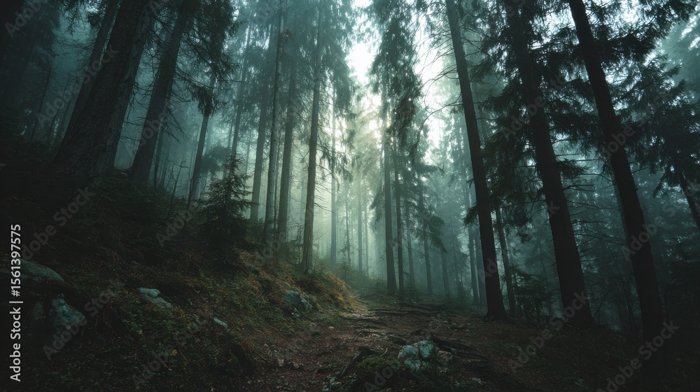 Fototapeta premium Atmospheric misty forest with tall trees and soft filtered light.