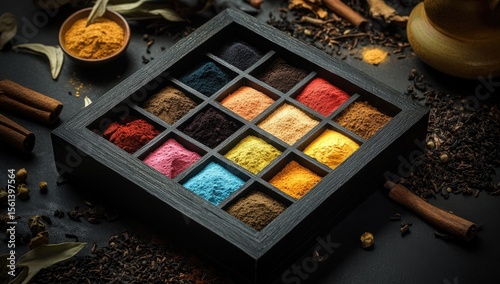 Fototapeta Naklejka Na Ścianę i Meble -  Colorful spice box on dark surface