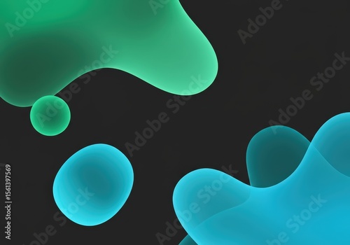 Abstract background with green and blue liquid shapes on dark backdrop